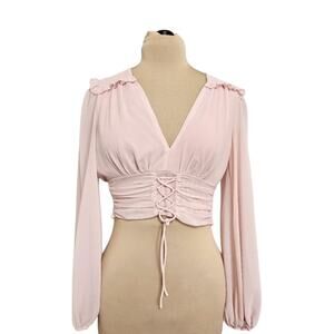 Y2K Balletcore Crop Top Semi Sheer Smocked Back Tie Front Ruffle Shoulders Pink